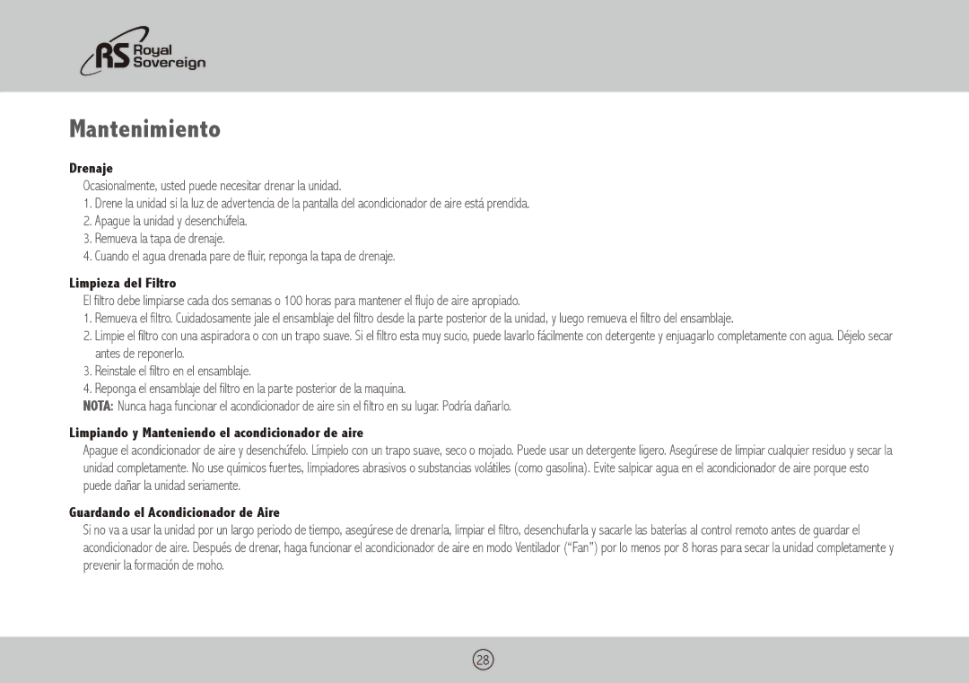 Royal Sovereign ARP-3010 Mantenimiento, Drenaje, Limpieza del Filtro, Limpiando y Manteniendo el acondicionador de aire 