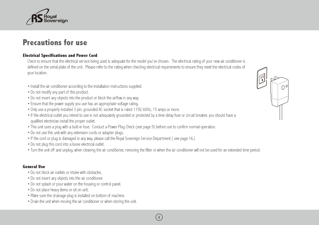 Royal Sovereign ARP-3010 owner manual Precautions for use, Electrical Specifications and Power Cord, General Use 