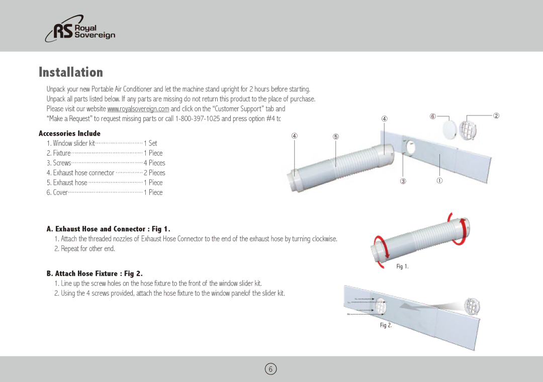 Royal Sovereign ARP-3010 Installation, Accessories Include, Exhaust Hose and Connector Fig, Attach Hose Fixture Fig 