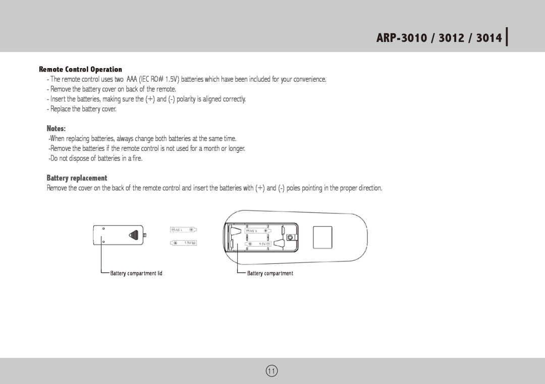 Royal Sovereign owner manual ARP-3010 /3012, Remote Control Operation, Battery replacement 