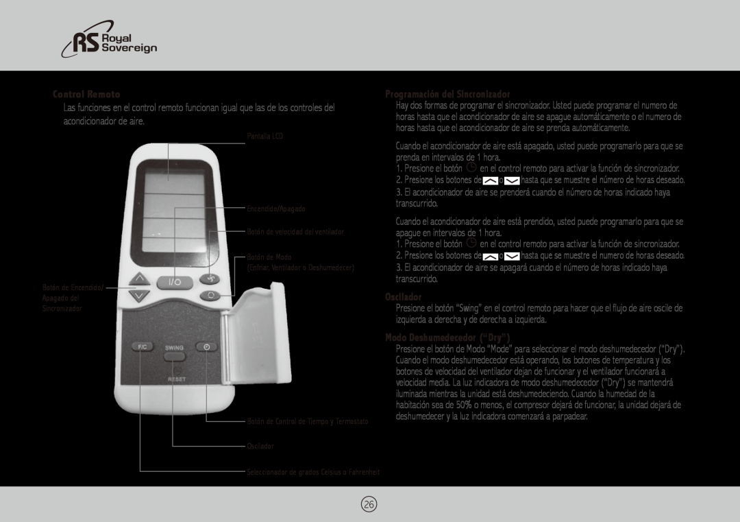 Royal Sovereign ARP-3010 owner manual Control Remoto, Programación del Sincronizador, Oscilador, Modo Deshumedecedor “Dry” 