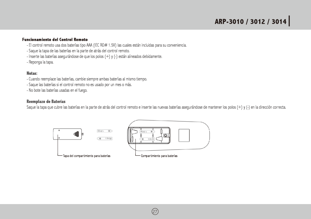 Royal Sovereign owner manual ARP-3010 /3012, Funcionamiento del Control Remoto, Notas, Reemplazo de Baterías 