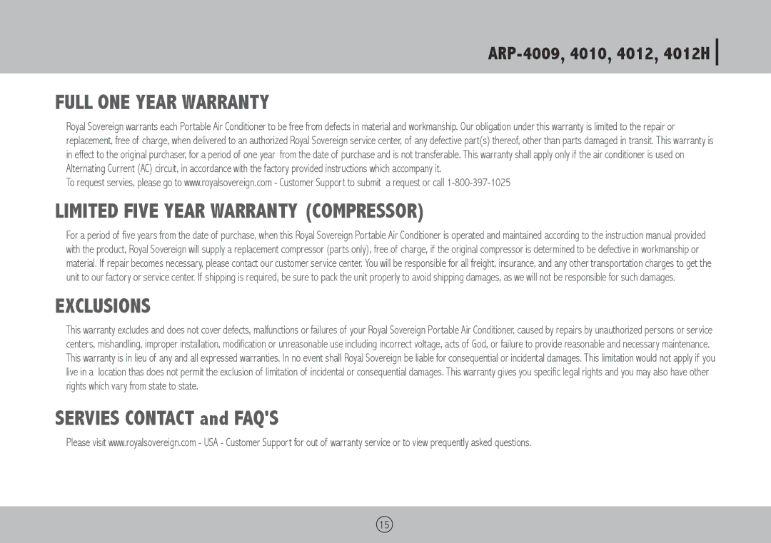 Royal Sovereign ARP-4012H, ARP-4010, ARP-4009 owner manual Full ONE Year Warranty, Servies contact and FAQs 