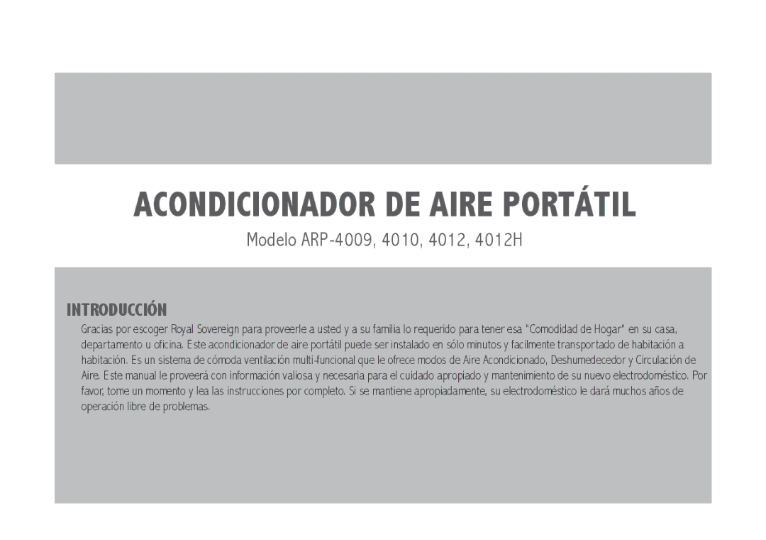 Royal Sovereign ARP-4009, ARP-4010, ARP-4012H owner manual Acondicionador de Aire Portátil 