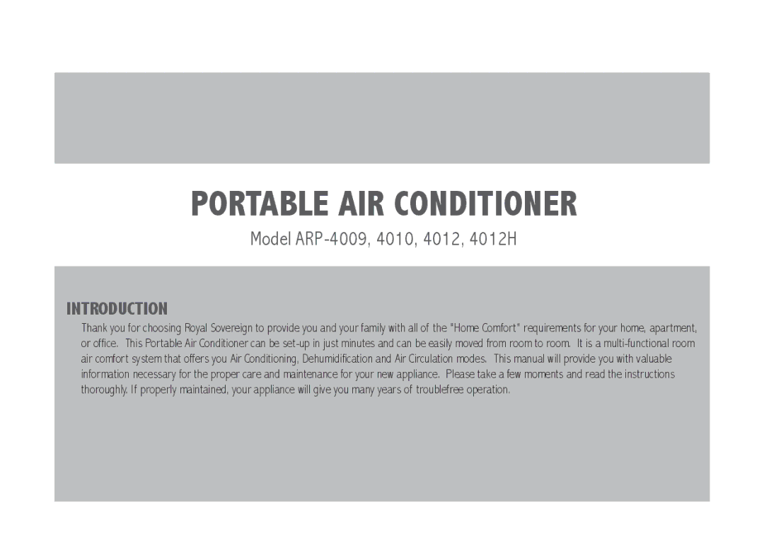 Royal Sovereign ARP-4009, ARP-4010, ARP-4012H owner manual Portable air conditioner 