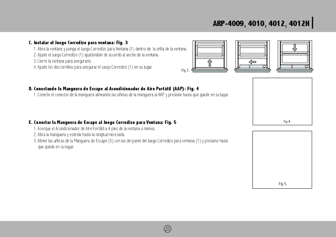 Royal Sovereign ARP-4012H, ARP-4010, ARP-4009 owner manual Instalar el Juego Corredizo para ventana Fig 