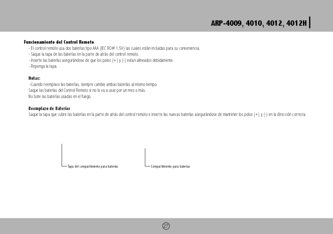 Royal Sovereign ARP-4012H, ARP-4010, ARP-4009 owner manual Funcionamiento del Control Remoto, Notas 