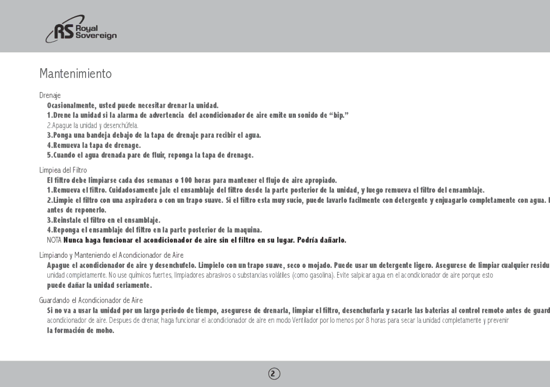 Royal Sovereign ARP-4012 Mantenimiento, Drenaje, Limpieza del Filtro, Limpiando y Manteniendo el Acondicionador de Aire 