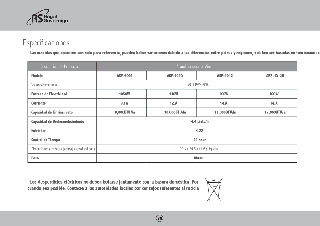 Royal Sovereign ARP-4009, ARP-4010, ARP-4012H owner manual Especificaciones, Acondicionador de Aire 