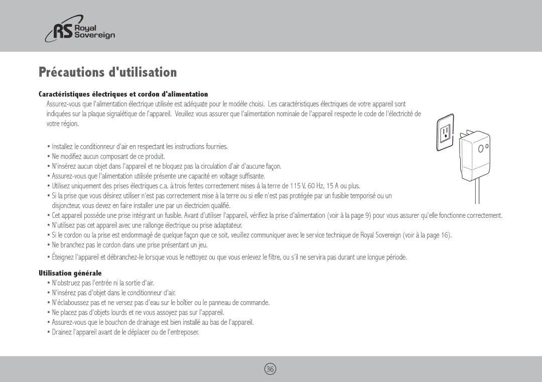 Royal Sovereign ARP-4012, ARP-4010, ARP-4009 Précautions dutilisation, Caractéristiques électriques et cordon dalimentation 