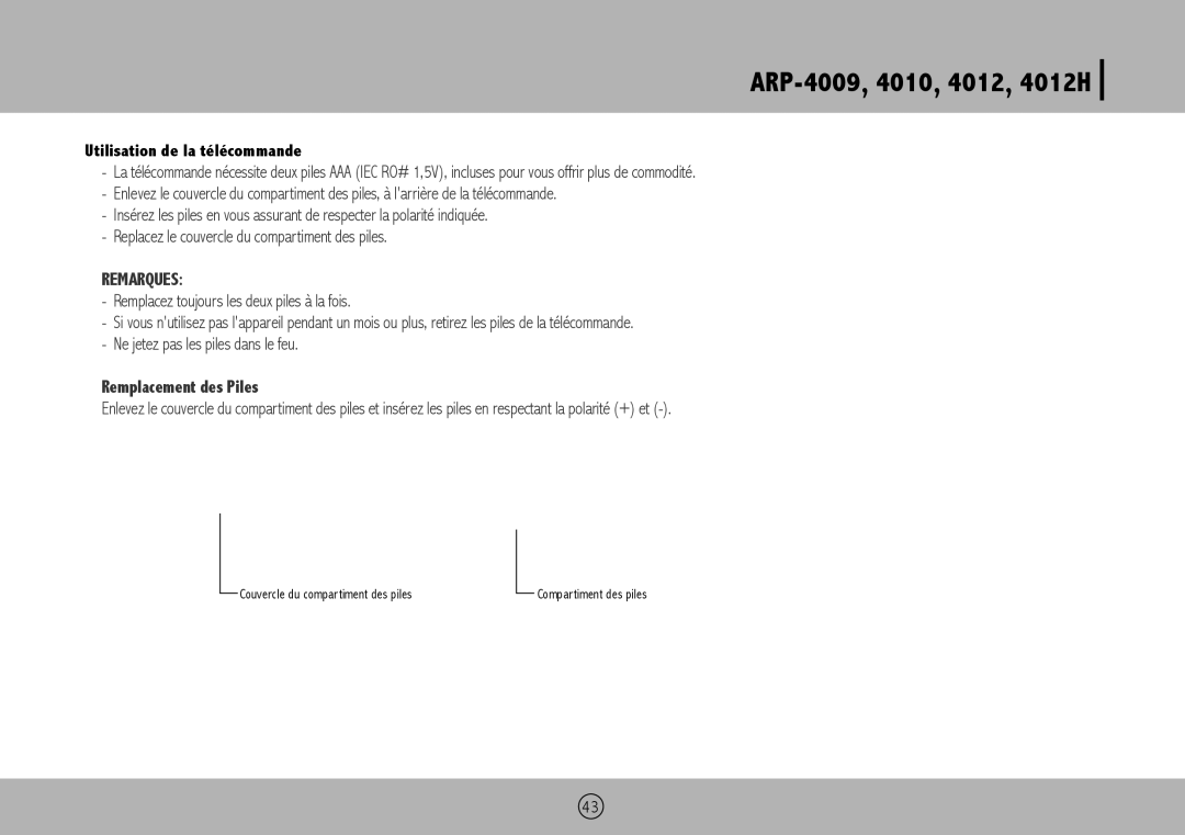 Royal Sovereign ARP-4012H, ARP-4010, ARP-4009 owner manual Utilisation de la télécommande, Remarques 