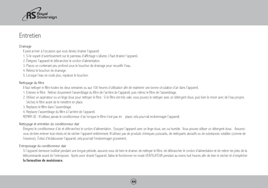 Royal Sovereign ARP-4012, ARP-4010, ARP-4009 Entretien, Nettoyage du filtre, Nettoyage et entretien du conditionneur dair 