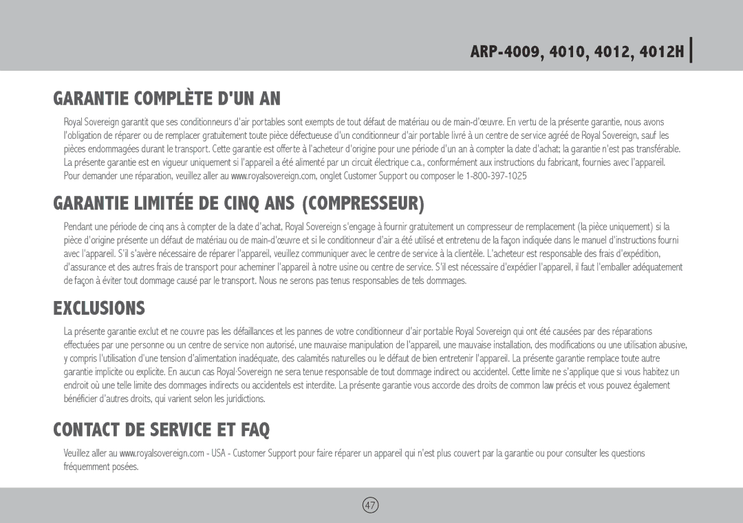 Royal Sovereign ARP-4012H, ARP-4010, ARP-4009 owner manual EXcluSionS, Contact DE Service ET FAQ 