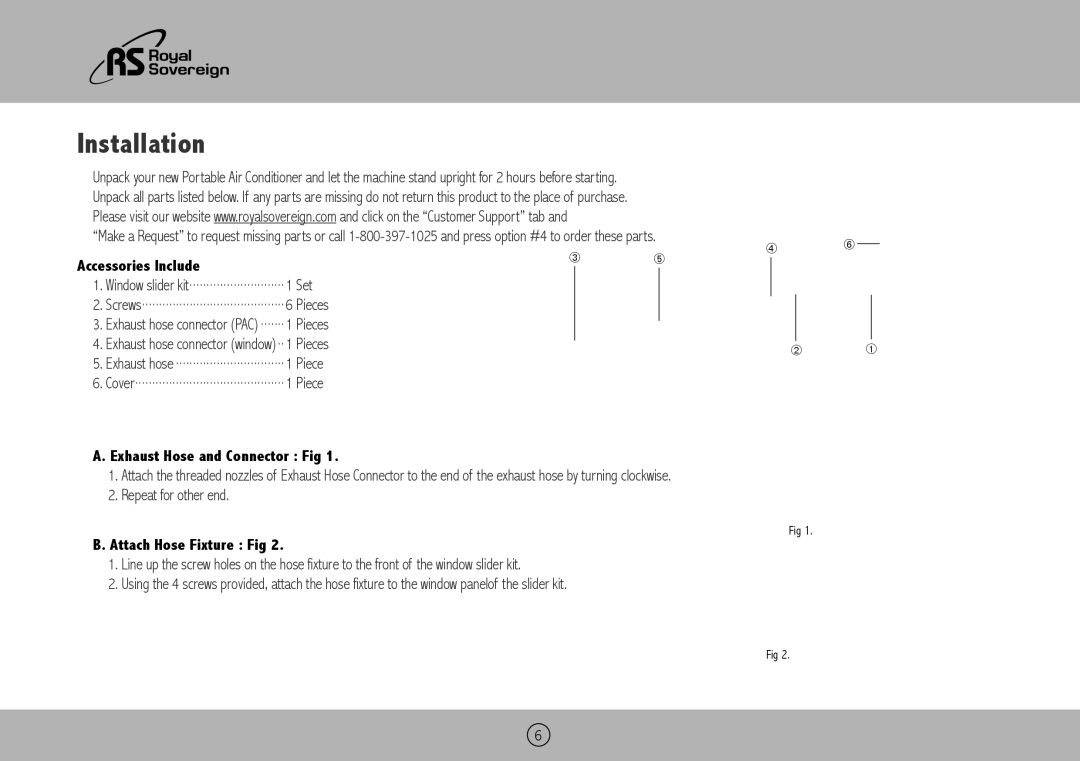 Royal Sovereign ARP-4009 Installation, Accessories Include, Exhaust Hose and Connector Fig, Attach Hose Fixture Fig 
