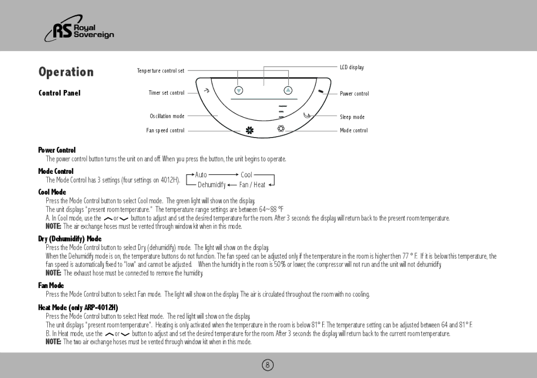 Royal Sovereign ARP-4010, ARP-4009, ARP-4012H owner manual Operation 