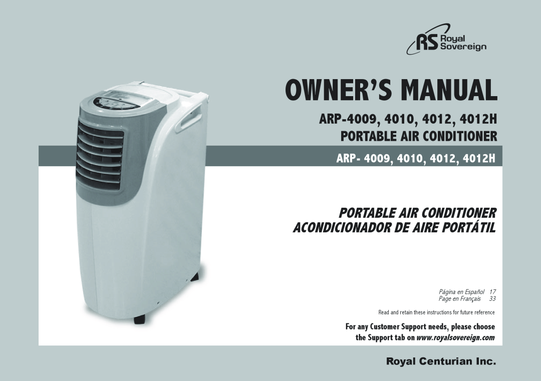 Royal Sovereign ARP-4010 owner manual ARP-4009,4010, 4012, 4012H, portable air conditioner, ARP- 4009, 4010, 4012, 4012H 