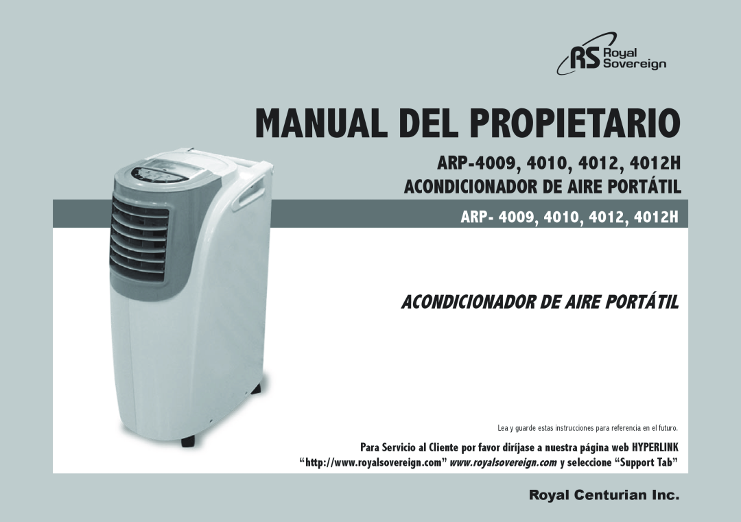 Royal Sovereign ARP-4010, ARP-4012 Manual del Propietario, Acondicionador de Aire Portátil, ARP-4009,4010, 4012, 4012H 