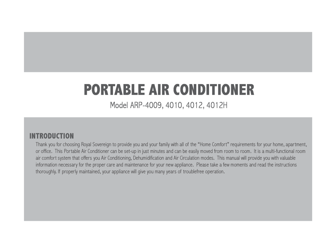 Royal Sovereign ARP-4010, ARP-4012H portable air conditioner, Model ARP-4009,4010, 4012, 4012H, Introduction 