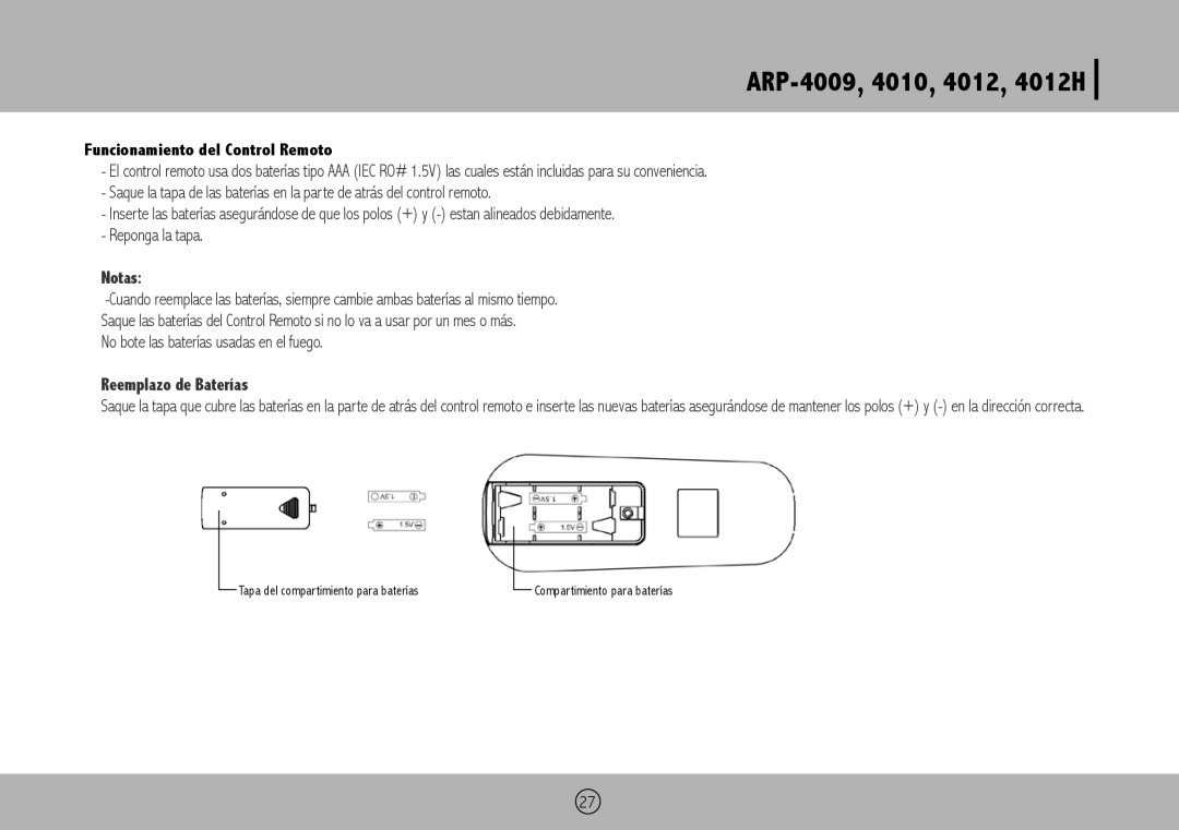Royal Sovereign ARP-4012H ARP-4009,4010, 4012, 4012H, Funcionamiento del Control Remoto, Notas, Reemplazo de Baterías 