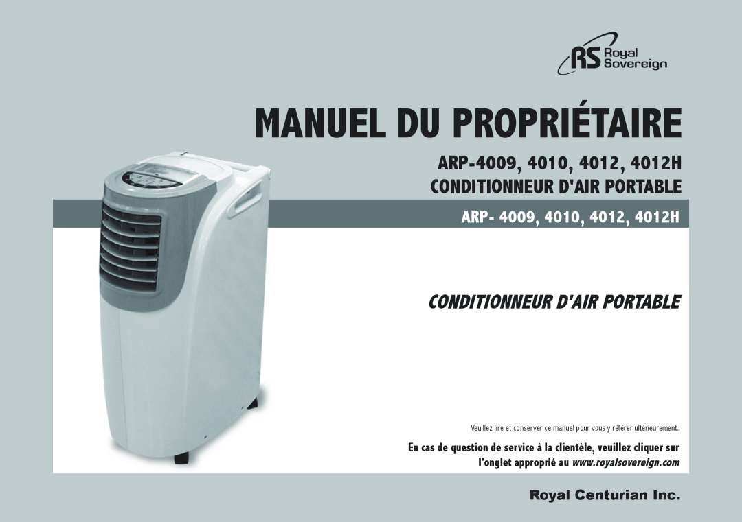 Royal Sovereign ARP-4010, ARP-4012 Manuel du propriétaire, Conditionneur dair portable, ARP- 4009, 4010, 4012, 4012H 