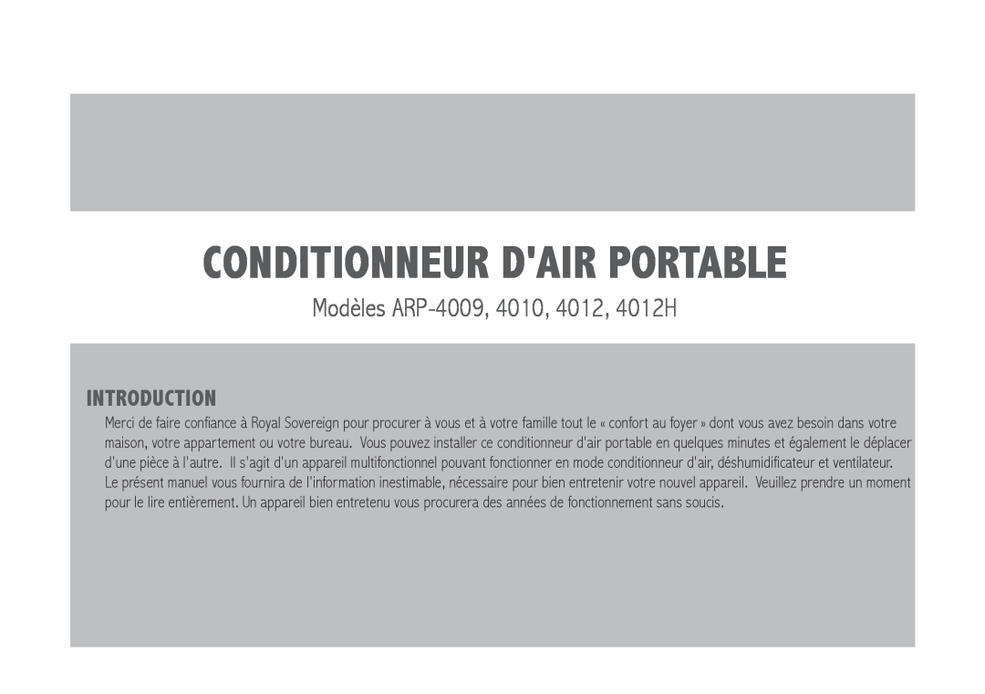 Royal Sovereign ARP-4012, ARP-4010 Conditionneur dair portable, Modèles ARP-4009,4010, 4012, 4012H, Introduction 
