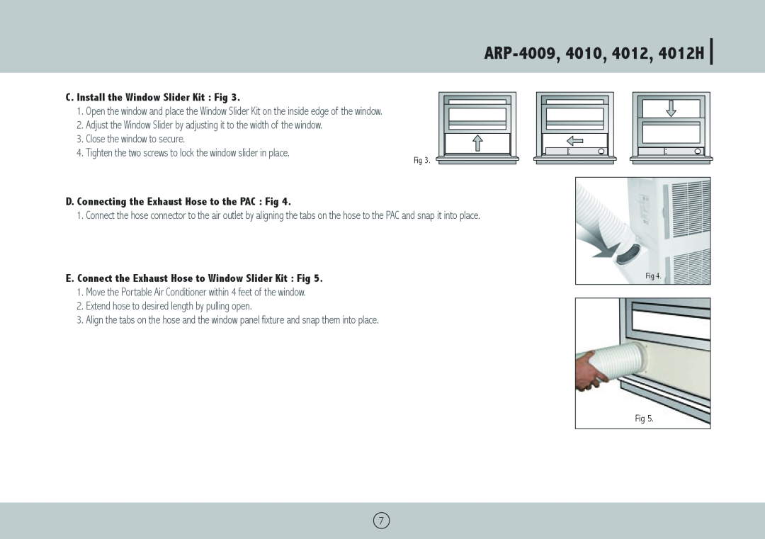 Royal Sovereign ARP-4012H, ARP-4010 owner manual ARP-4009,4010, 4012, 4012H, C. Install the Window Slider Kit Fig 