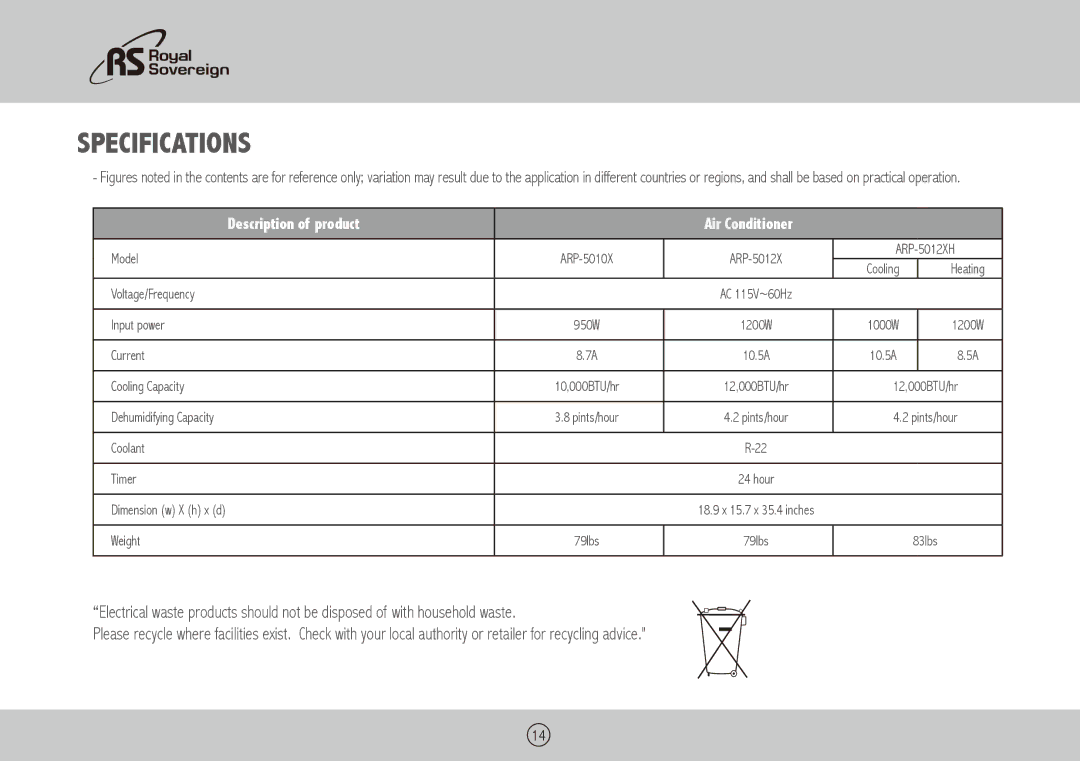 Royal Sovereign ARP-5012XH, ARP-5010X owner manual Specifications 