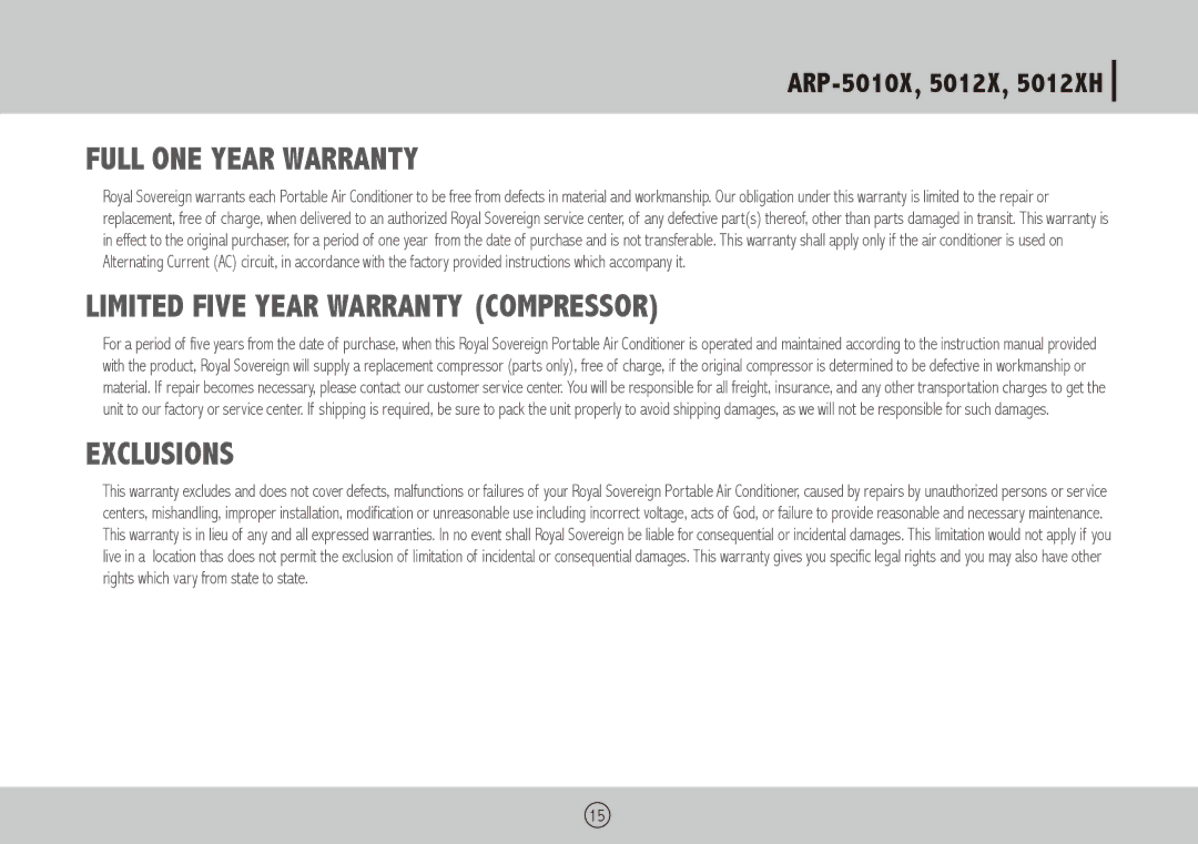 Royal Sovereign ARP-5012XH, ARP-5010X owner manual Full ONE Year Warranty 