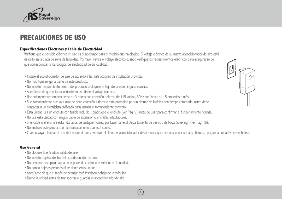 Royal Sovereign ARP-5012X, ARP-5010X Precauciones de Uso, Especificaciones Eléctricas y Cable de Electricidad, Uso General 