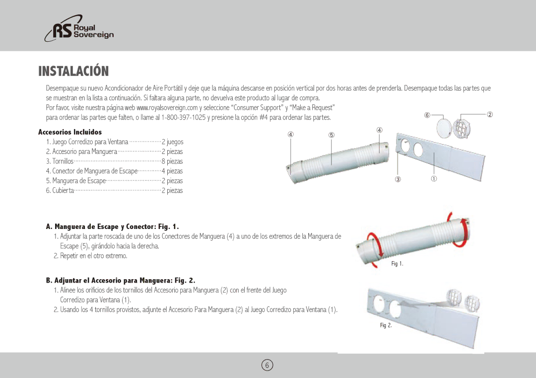 Royal Sovereign ARP-5010X, ARP-5012XH owner manual Instalación, Accesorios Incluidos, Manguera de Escape y Conector Fig 