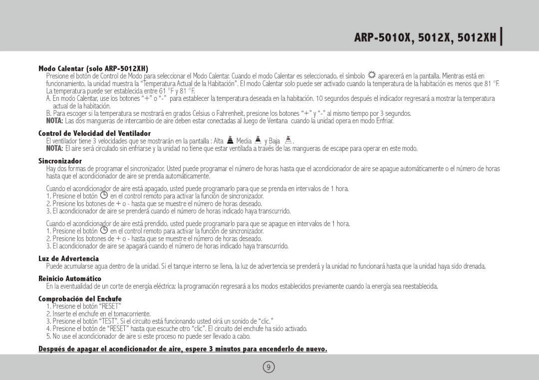 Royal Sovereign ARP-5010X owner manual Modo Calentar solo ARP-5012XH, Control de Velocidad del Ventilador, Sincronizador 