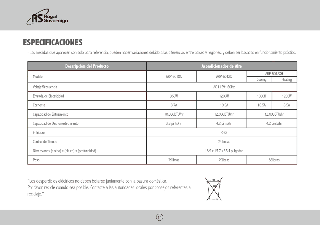 Royal Sovereign ARP-5012XH, ARP-5010X owner manual Especificaciones, Descripción del Producto 