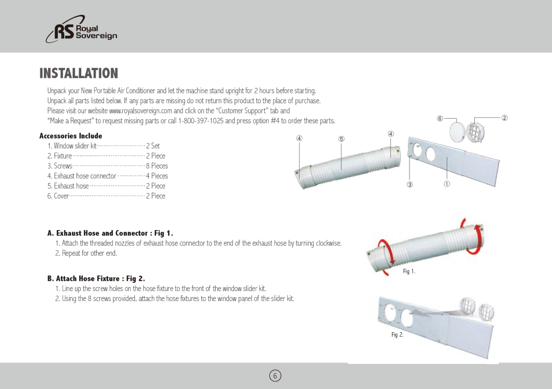 Royal Sovereign ARP-5012XH Installation, Accessories Include, Exhaust Hose and Connector Fig, Attach Hose Fixture Fig 