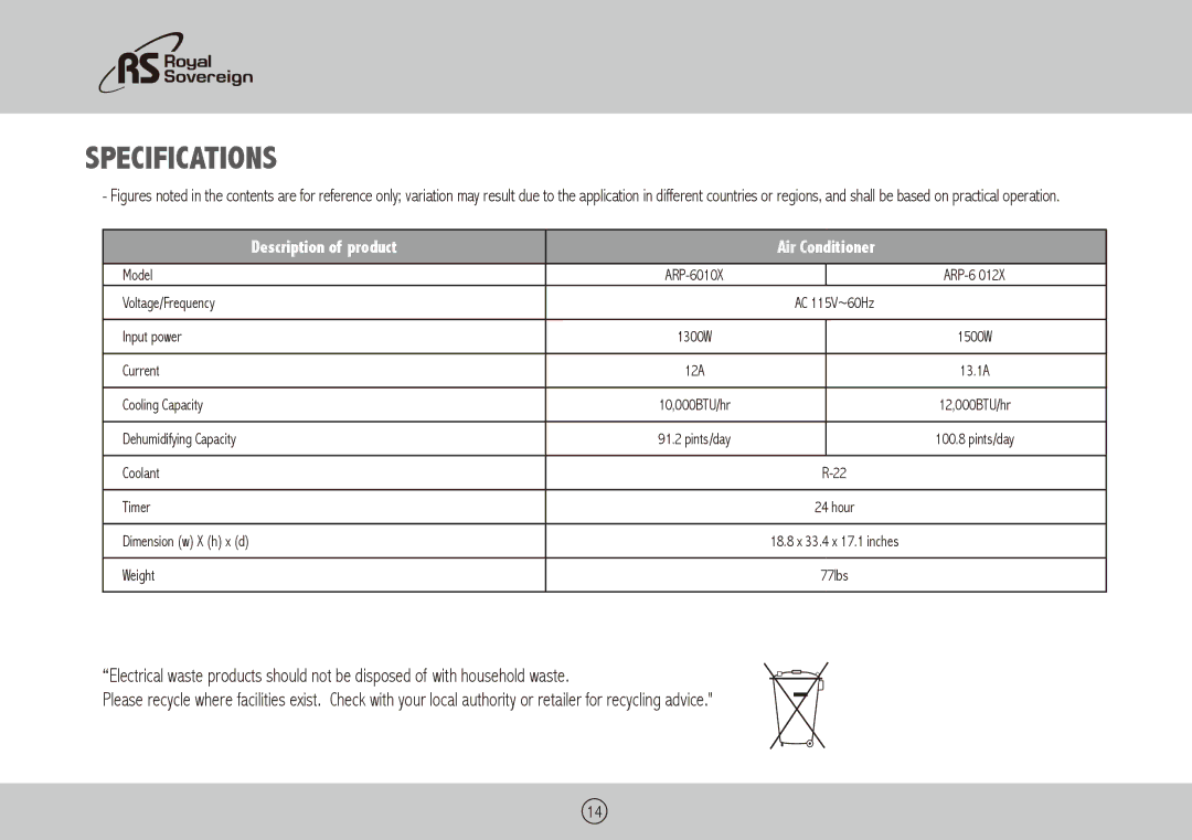 Royal Sovereign ARP-6010X, ARP-6012X owner manual Specifications 