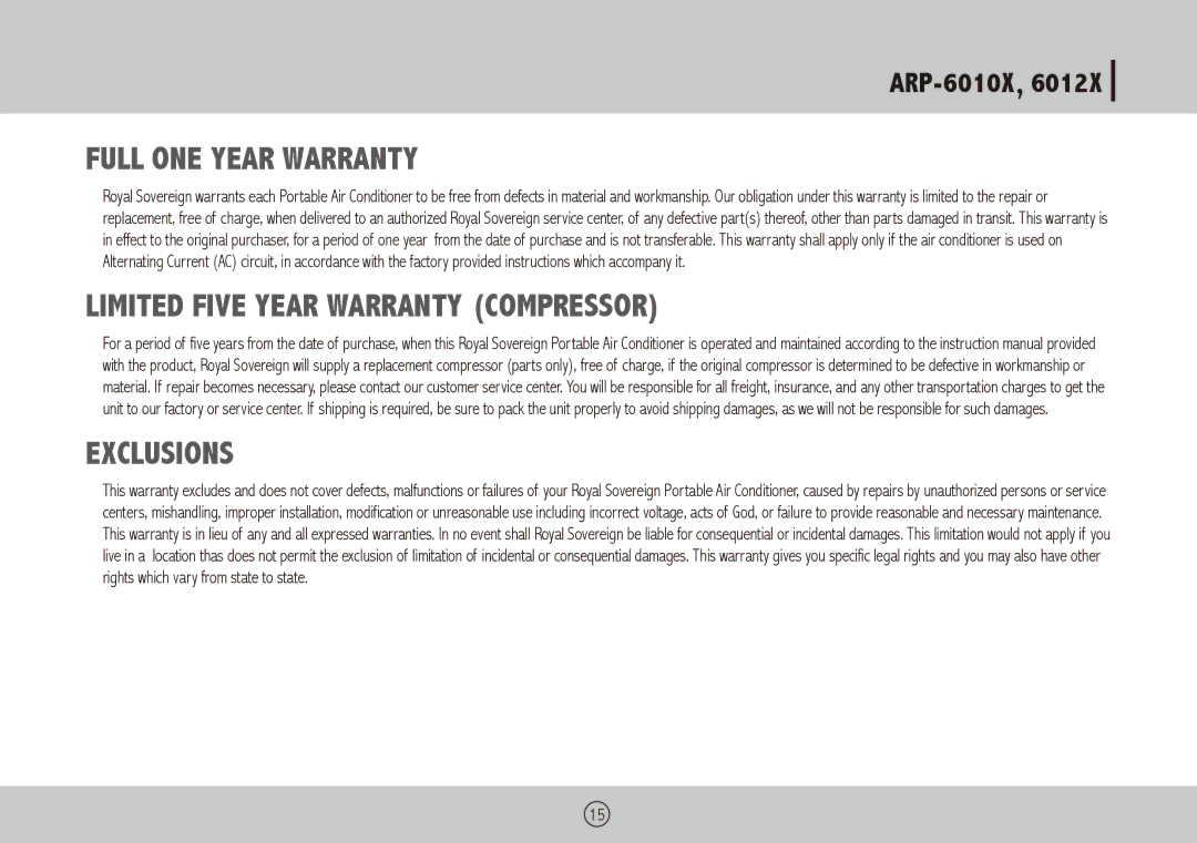 Royal Sovereign ARP-6012X, ARP-6010X owner manual Full ONE Year Warranty 