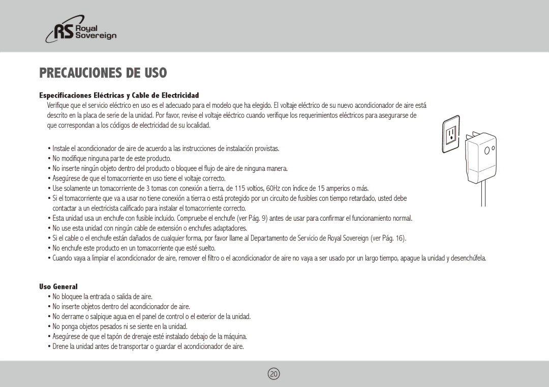 Royal Sovereign ARP-6010X, ARP-6012X Precauciones de Uso, Especificaciones Eléctricas y Cable de Electricidad, Uso General 