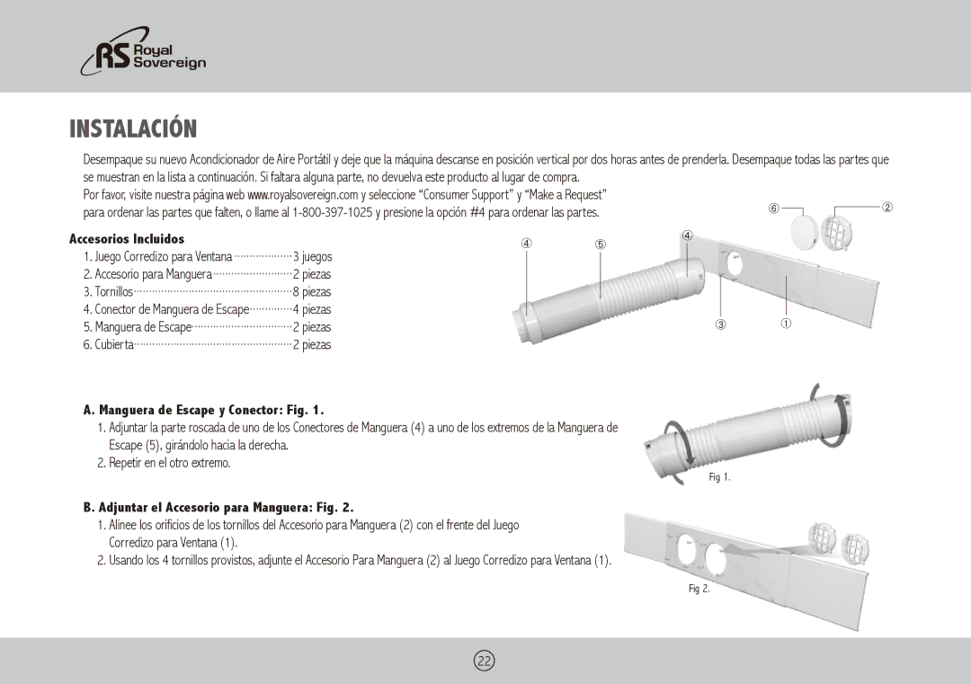 Royal Sovereign ARP-6010X, ARP-6012X owner manual Instalación, Accesorios Incluidos, Manguera de Escape y Conector Fig 