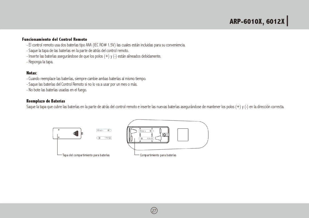 Royal Sovereign ARP-6012X, ARP-6010X owner manual Funcionamiento del Control Remoto, Notas, Reemplazo de Baterías 