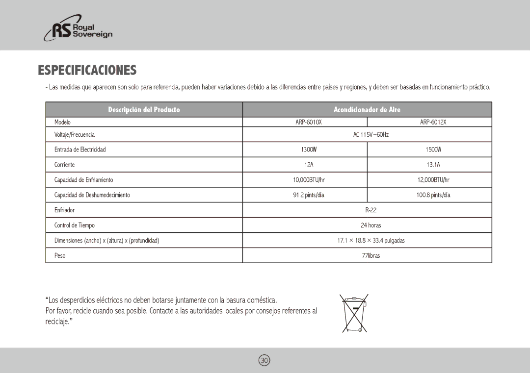 Royal Sovereign ARP-6010X, ARP-6012X owner manual Especificaciones, Descripción del Producto Acondicionador de Aire 