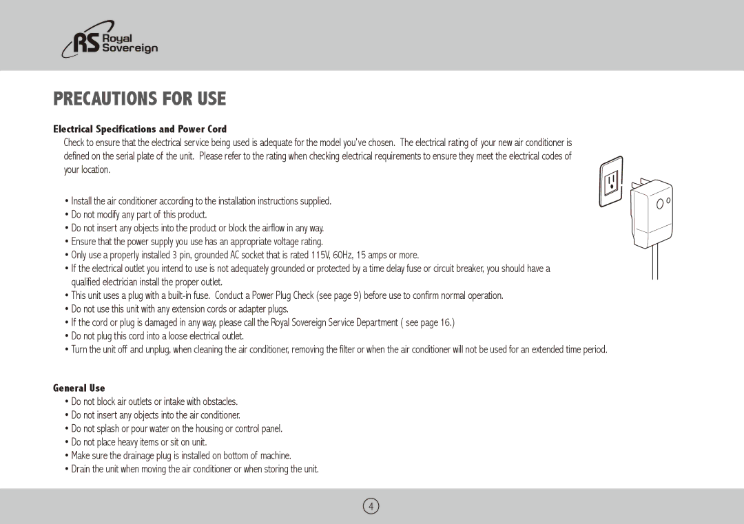 Royal Sovereign ARP-6010X, ARP-6012X owner manual Precautions for use, Electrical Specifications and Power Cord, General Use 