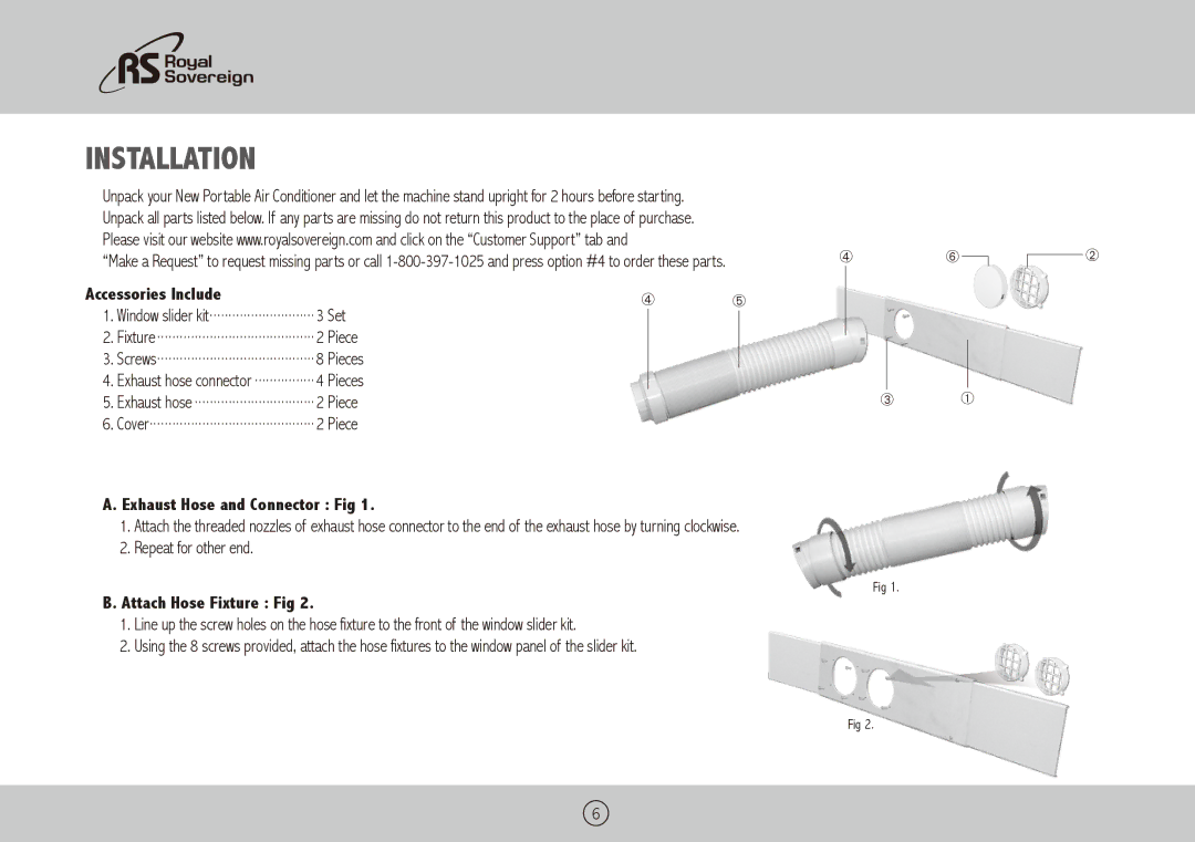 Royal Sovereign ARP-6010X Installation, Accessories Include, Exhaust Hose and Connector Fig, Attach Hose Fixture Fig 