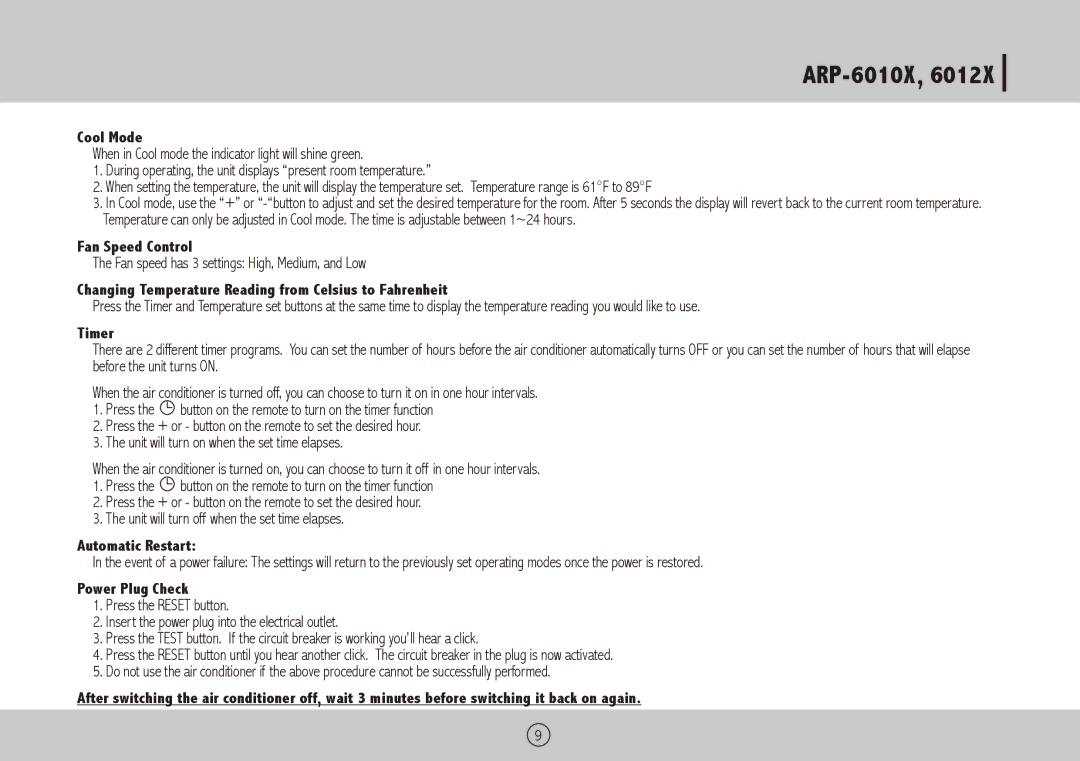 Royal Sovereign ARP-6012X Cool Mode, Fan Speed Control, Changing Temperature Reading from Celsius to Fahrenheit, Timer 