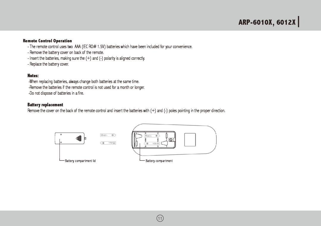 Royal Sovereign ARP-6012X owner manual ARP-6010X,6012X, Remote Control Operation, Battery replacement 