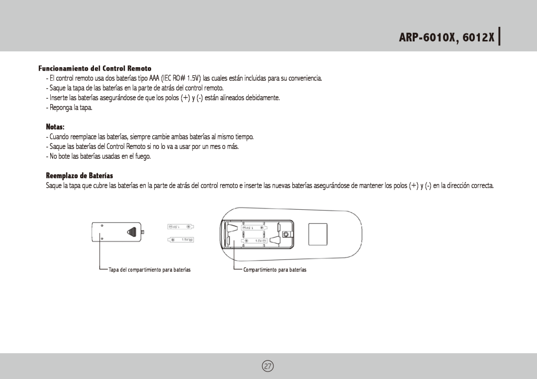 Royal Sovereign ARP-6012X owner manual ARP-6010X,6012X, Funcionamiento del Control Remoto, Notas, Reemplazo de Baterías 