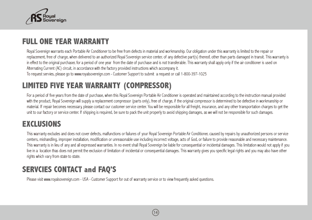 Royal Sovereign ARP-9009TL, ARP-9011TL owner manual Full ONE Year Warranty, Limited Five Year Warranty Compressor Exclusions 