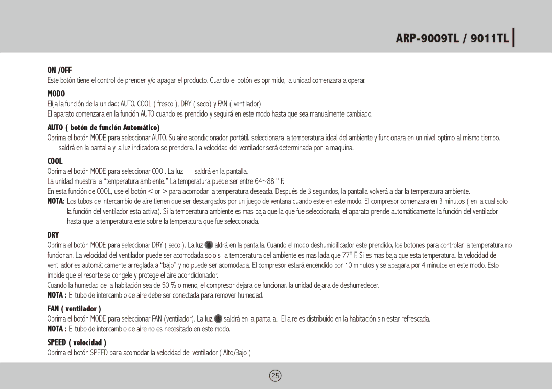 Royal Sovereign ARP-9011TL, ARP-9009TL owner manual Modo, Auto botón de función Automático, FAN ventilador, Speed velocidad 