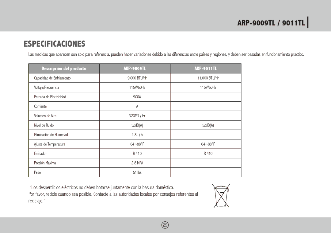 Royal Sovereign owner manual Especificaciones, ARP-9009TL ARP-9011TL 