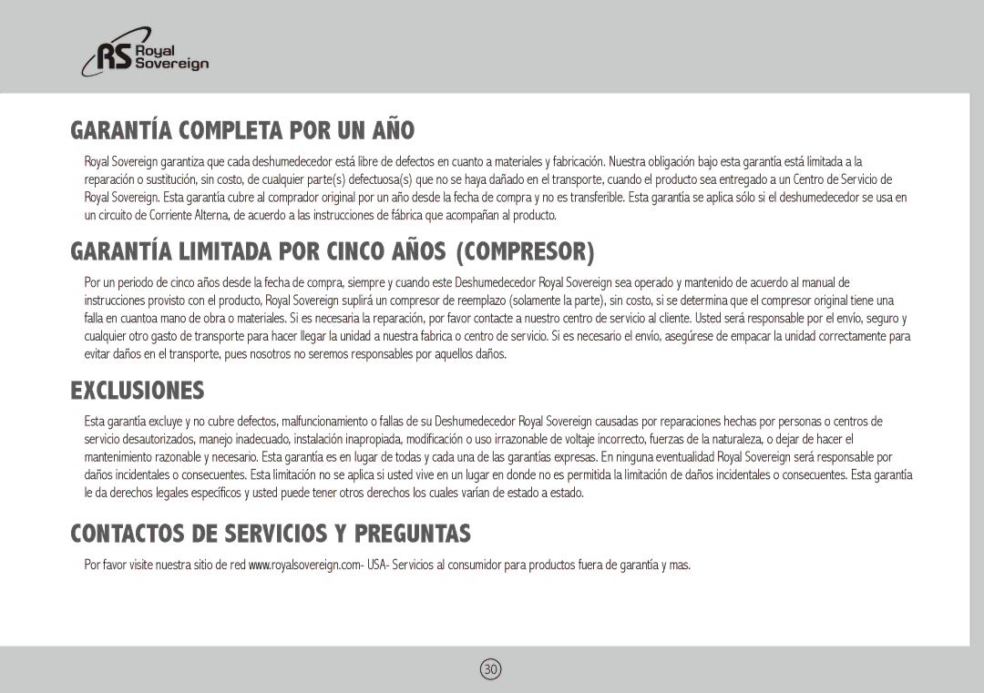 Royal Sovereign ARP-9009TL Garantía Completa por un Año, Garantía Limitada por Cinco Años Compresor, Exclusiones 