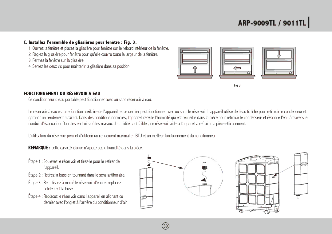 Royal Sovereign ARP-9011TL Installez lensemble de glissières pour fenêtre Fig, Fonctionnement DU Réservoir À EAU 