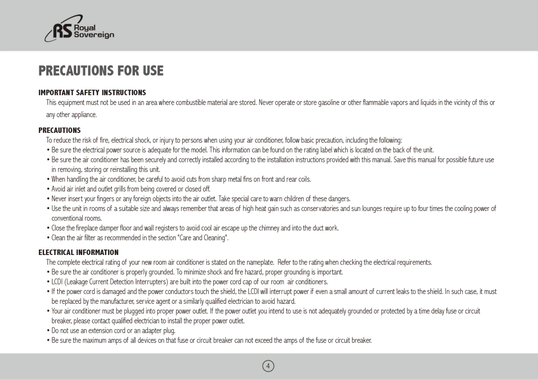 Royal Sovereign ARP-9009TL, ARP-9011TL Precautions for use, Important Safety Instructions, Electrical Information 